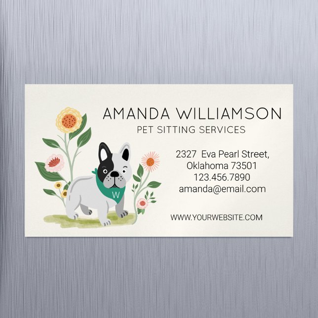 Niedliche französische Bulldogge-Betreuung Magnetische Visitenkarte (Cute Floral French Bulldog Pet Care Services Business Card Magnet)