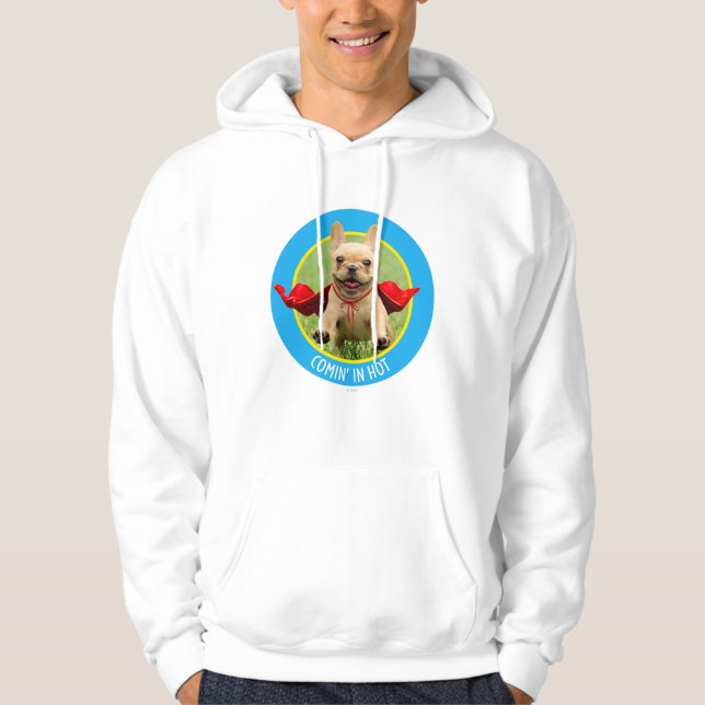 Niedliche französische Bulldoggesuperhero-Läufe im Hoodie (Vorderseite)