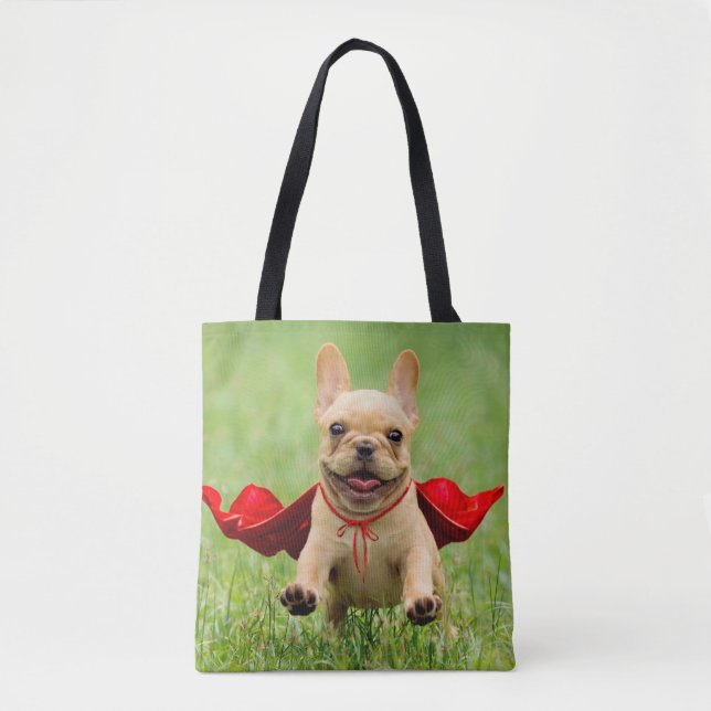 Niedliche französische Bulldoggesuperhero-Läufe im Tasche (Vorderseite)