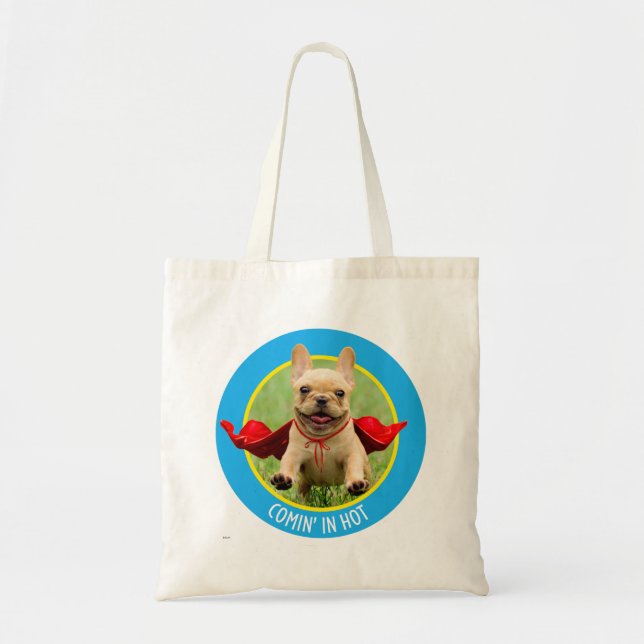 Niedliche französische Bulldoggesuperhero-Läufe im Tragetasche (Vorne)