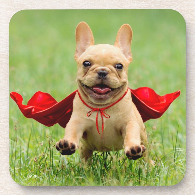 Niedliche französische Bulldoggesuperhero-Läufe im Untersetzer (Vorderseite)