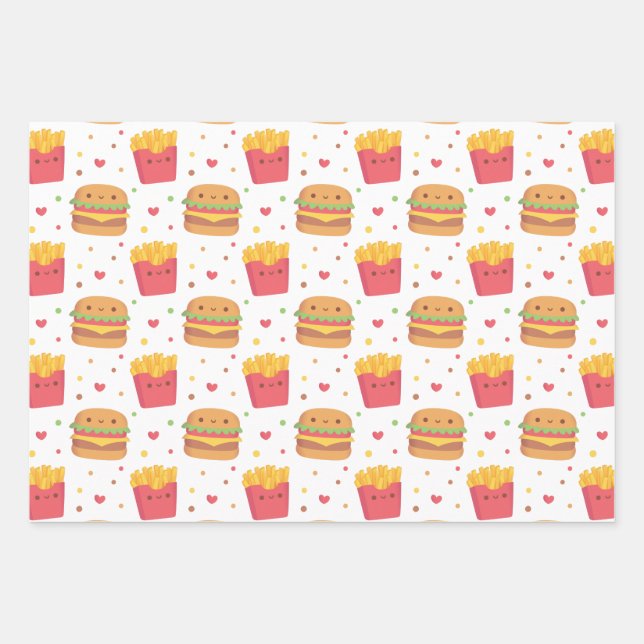 Niedliche französische Fries und Burger-Muster Geschenkpapier Set (Vorderseite)
