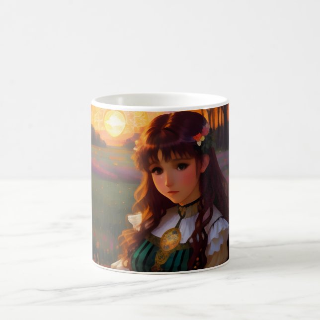 Niedliche Frau im Stile trauriger Anime bei Sonnen Kaffeetasse (Mittel)