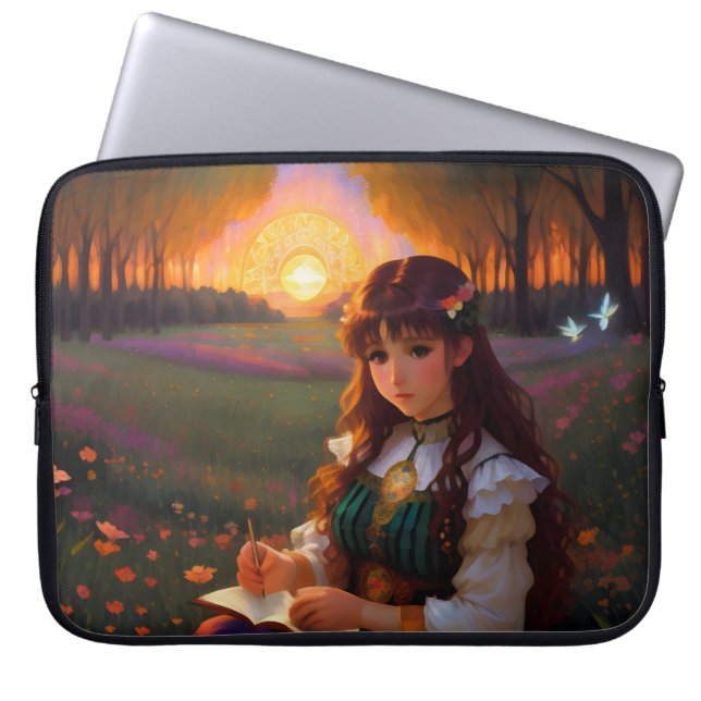 Niedliche Frau im Stile trauriger Anime bei Sonnen Laptopschutzhülle (Vorderseite)