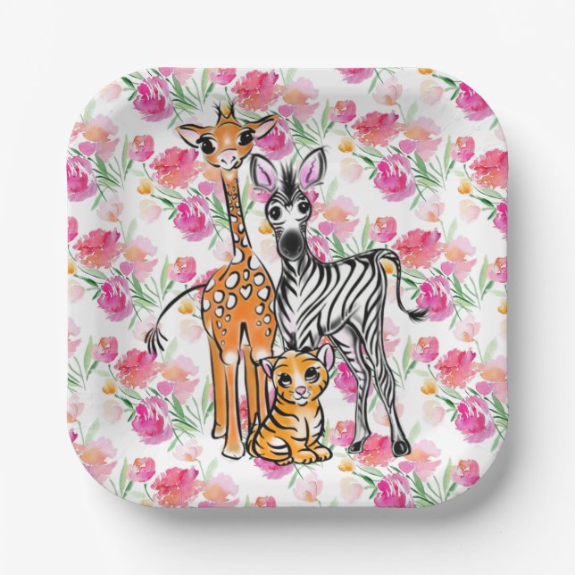 Niedliche Freundin Safari, Giraffe, Zebra, Tiger Pappteller (Vorderseite)