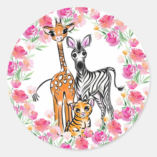 Niedliche Freundin Safari, Giraffe, Zebra, Tiger Runder Aufkleber (Vorderseite)
