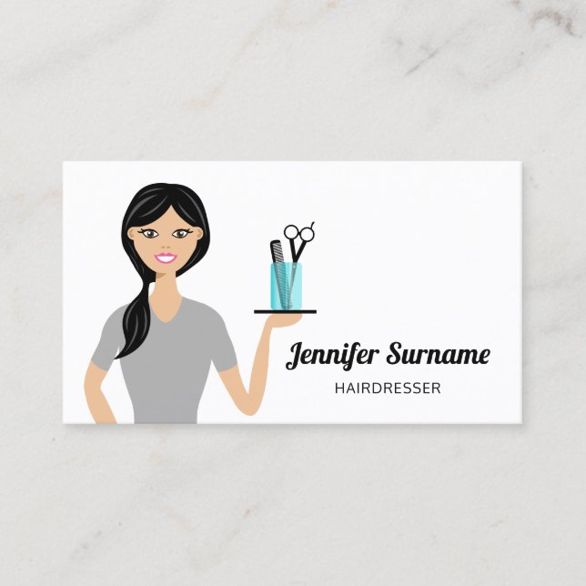 Niedliche Friseurin Illustration Friseur Stylistin Visitenkarte (Vorderseite)