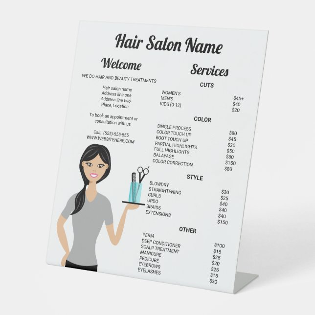 Niedliche Friseurin Zeichnend Friseursalon Sockelschild (Vorderseite)