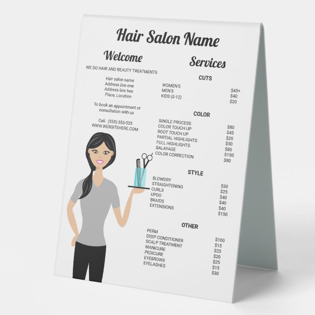 Niedliche Friseurin Zeichnend Friseursalon Tischaufsteller (Vorderseite)