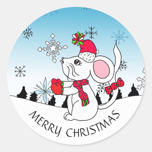 Niedliche Frohe Weihnachtsmäuse Schneeflocken Runder Aufkleber (Vorderseite)