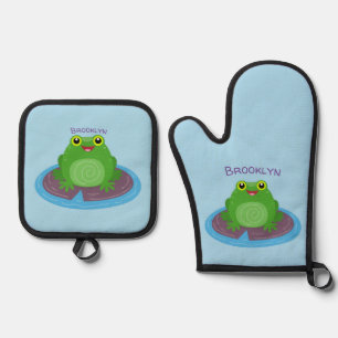 Niedliche Frosch-Cartoon-Abbildung Ofenhandschuh & Topflappen-Set