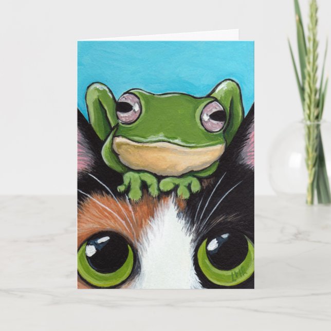 Niedliche Frosch- und Tortoiseshell Cat Grußkarte Karte (Vorderseite)