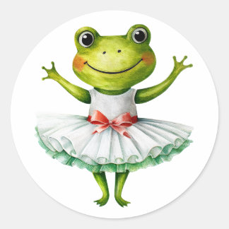 Niedliche Froschballerina tanzt Ballett. Runder Aufkleber