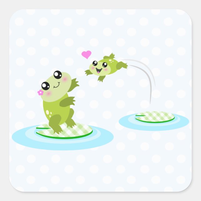 Niedliche Frösche - Kawaii Mama und Baby Frosch Ca Quadratischer Aufkleber (Vorderseite)