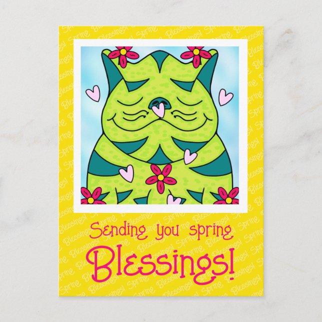 Niedliche Froschkatze mit Blume Frühjahrssegnungen Postkarte (Vorderseite)