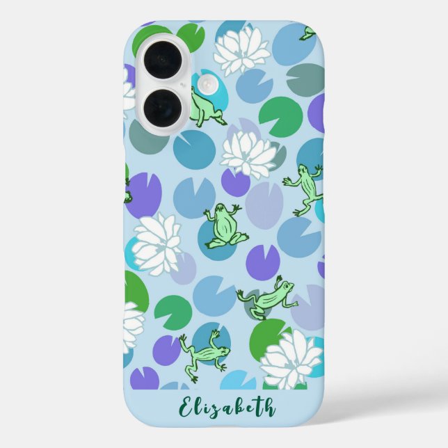 Niedliche Froschkunst mit blauen Wasserlilien iPhone 16 Hülle (Rückseite)