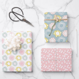 Niedliche Frühlingsblumen, Punkt und Streifen Geschenkpapier Set