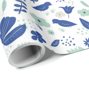 Niedliche Frühlingshuppen und Vögel Blau und Minze Geschenkpapier