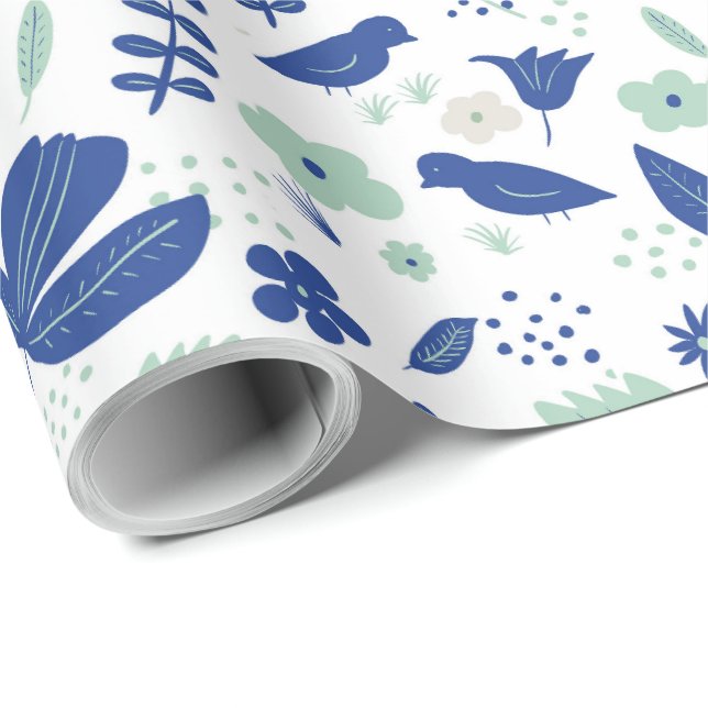 Niedliche Frühlingshuppen und Vögel Blau und Minze Geschenkpapier (Rolleneckpunkt)