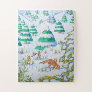 niedliche Fuchs und Kaninchen spielen Schneeszene