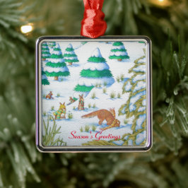 niedliche Fuchs- und Kaninchenschneeszene Silbernes Ornament