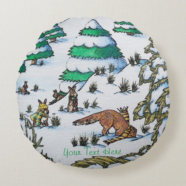 niedliche Fuchs- und Kaninchenwinterszene Rundes Kissen (Vorderseite)