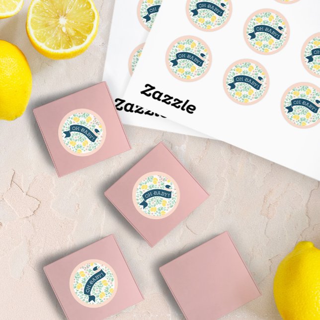 Niedliche Fun Lemon Yellow Botanical Baby Dusche Runder Aufkleber (Cute Lemon Yellow Botanical Bold Baby Shower favor stickers)