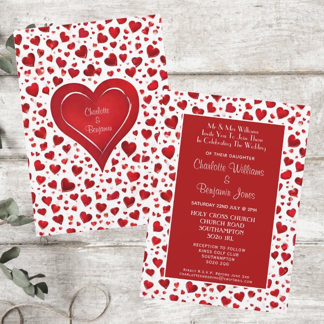 Niedliche Fun Rot und Weiß Herz Valentine Wedding Einladung (Front And Back)