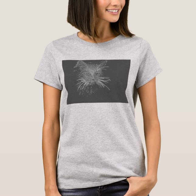 Niedliche Funky Cat Kitten Eyes Face Sketch T-Shirt (Vorderseite)