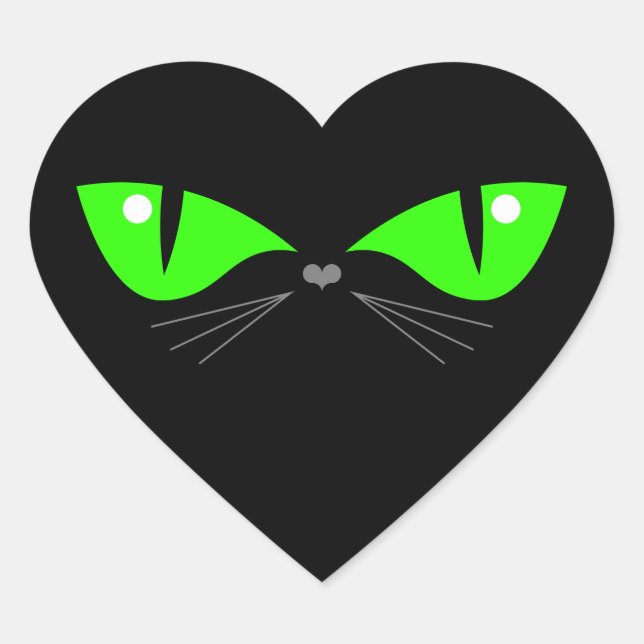 Niedliche Funny Black Cat Face Green Eyes Whiskers Herz-Aufkleber (Vorderseite)