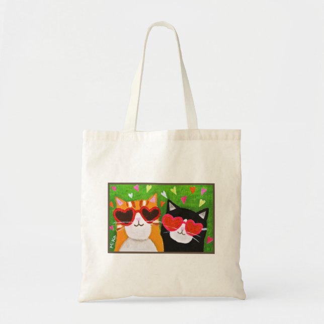 Niedliche Funny Cats mit Herz-Glass Katzenliebhabe Tragetasche (Vorne)