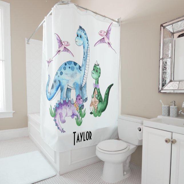 Niedliche Funny Dinosaurier Blue Lila Green Kids N Duschvorhang (Beispiel)