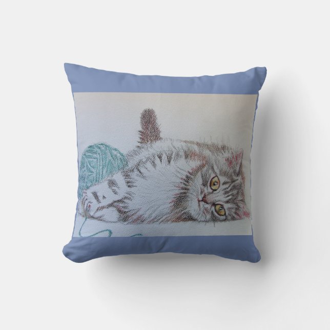 Niedliche Funny Grey Tabby Katze Kitten mit Wollpo Kissen (Vorderseite)