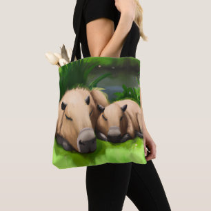 Niedliche Funny Napping Capybaras am Teich Tasche