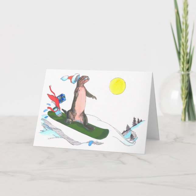 Niedliche Funny Otter Snowboarden Weihnachtskarte Feiertagskarte (Vorderseite)