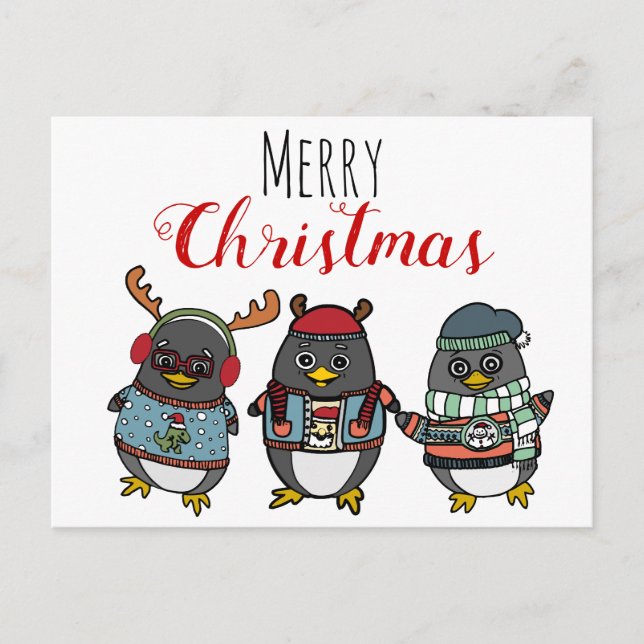 Niedliche Funny Pinguin Illustration | Frohe Weihn Postkarte (Vorderseite)