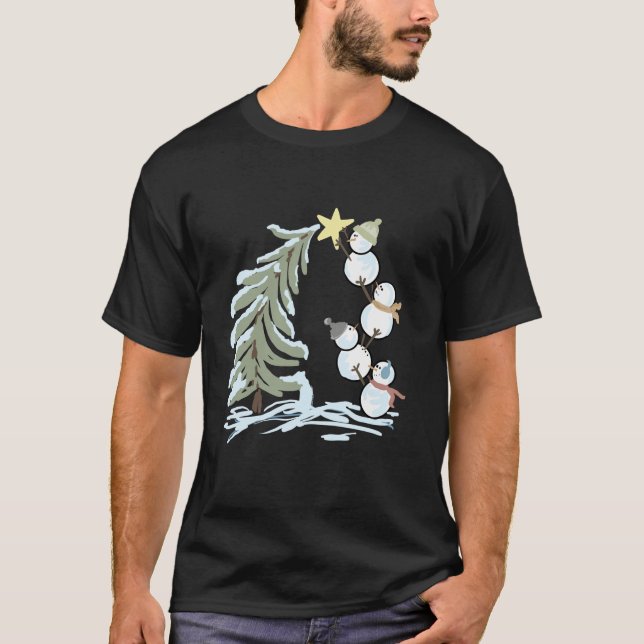 Niedliche Funny Snowmen stapeln Whimsisches Weihna T-Shirt (Vorderseite)