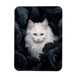 Niedliche Furry Weiße Katze unter den Blätter Magnet