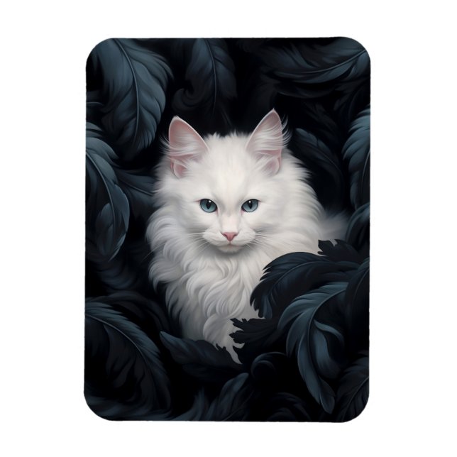 Niedliche Furry Weiße Katze unter den Blätter Magnet (Vertikal)