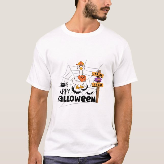 Niedliche Gans mit Pumpkin Trick oder Treat Hallow T-Shirt (Vorderseite)