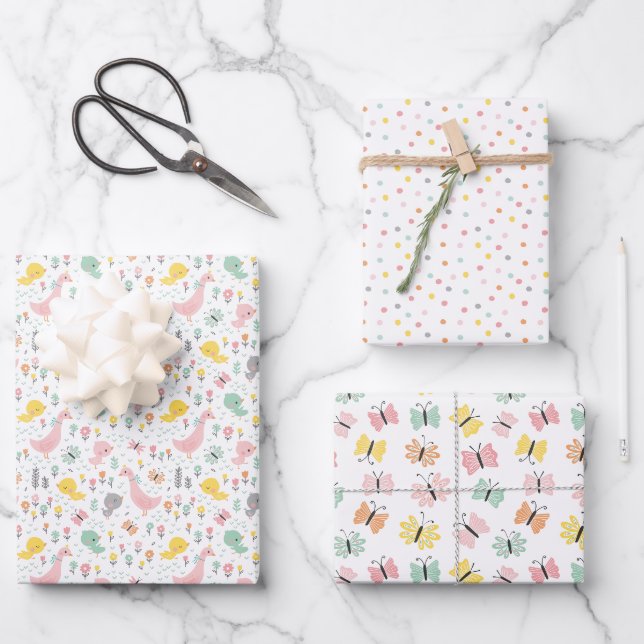 Niedliche Gänse, Gänse und Schmetterlinge Geschenkpapier Set (Vorderseite)