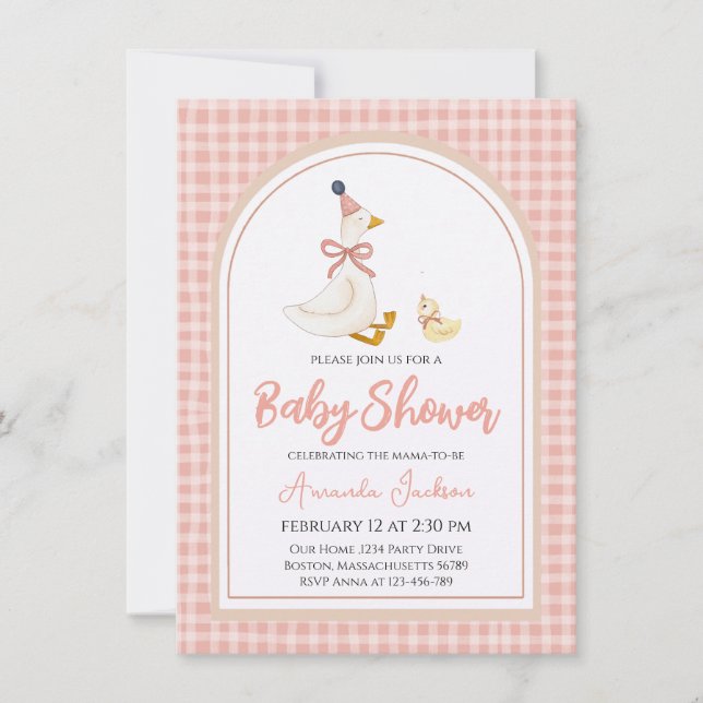 Niedliche Gänse- und Gosling Pink Babydusche Einladung (Vorderseite)