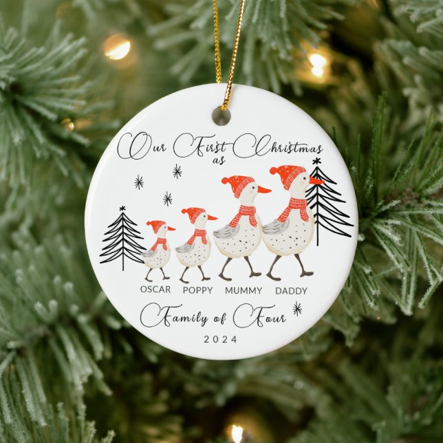 Niedliche Gänserfamilie Vier Weihnachten Keramik Ornament (Baum)