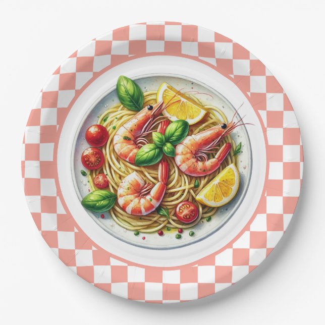 Niedliche Garnelenpasta zum Abendessen Pappteller (Vorderseite)