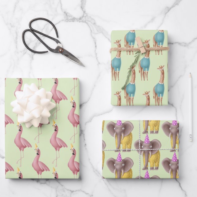 Niedliche Geburtstag Animals Trio Geschenkpapier Set (Vorderseite)