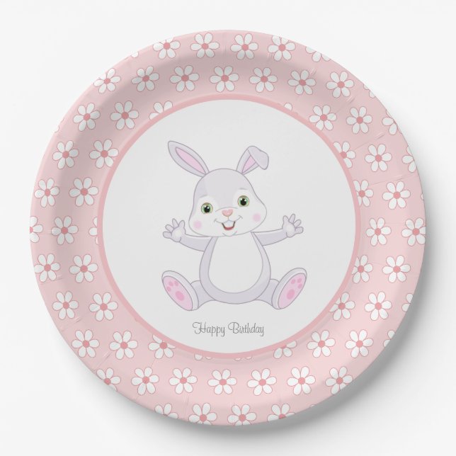 Niedliche Geburtstag Bunny & Blume auf hellrosa Pappteller (Vorderseite)