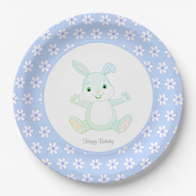 Niedliche Geburtstag Bunny & Blume auf Light Blue Pappteller (Vorderseite)