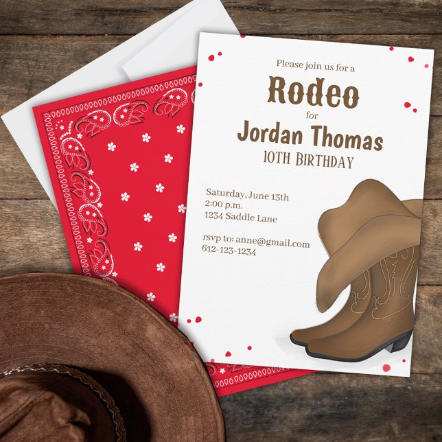 Niedliche Geburtstag Cowboy Rodeo Simple Red Banda Einladung (Birthday party invitation with the whimsical cool western rodeo theme. )