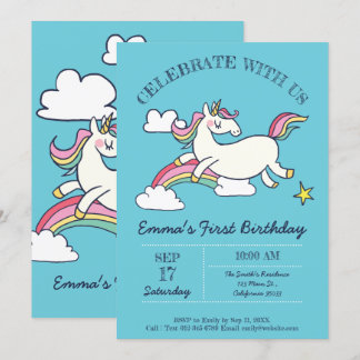 Niedliche Geburtstag Doodle Rainbow Unicorn und St Einladung