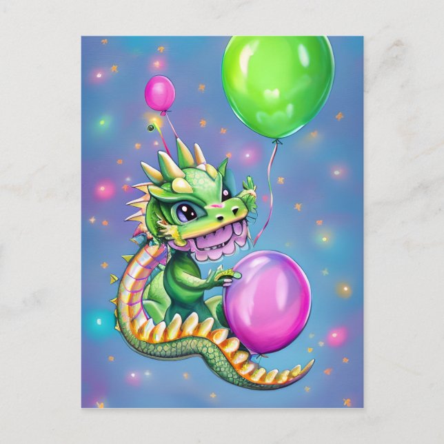 Niedliche Geburtstag Dragon mit Balloons Postkarte (Vorderseite)